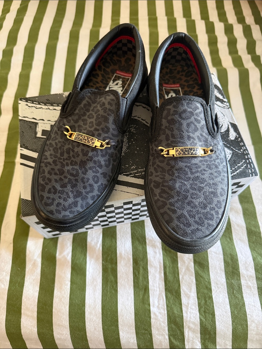 Vans Men’s Charcoal Leopard Print Slip-On Loafers with Gold Accent